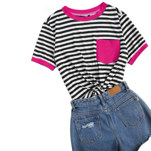 SHEIN Tops - New Striped Hot Pink Patch Pocket Easy Wear Ringer Tee Shirt - Women’s Small (4)